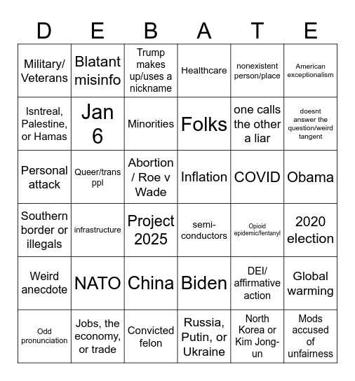 Prez debate bingo Card