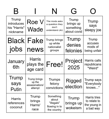 Presidential Debate Bingo Card