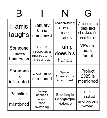 Presidential Debate Bingo Card