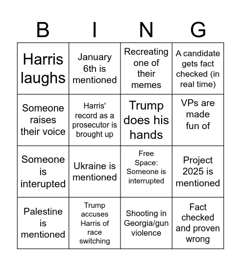 Presidential Debate Bingo Card