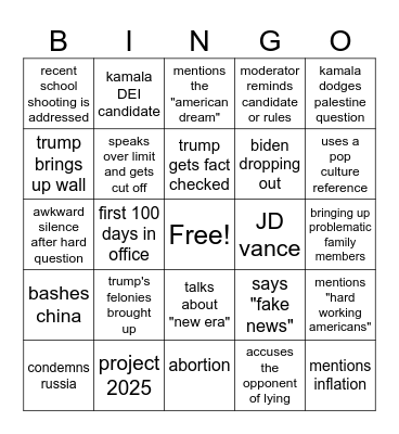 Presidential debate Bingo Card