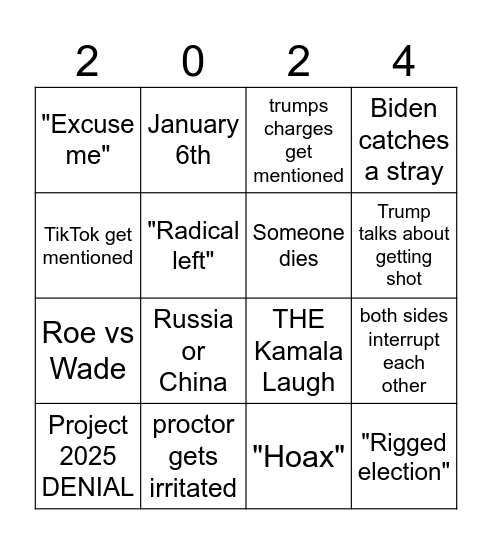 Trump vs Kamala Bingo Card