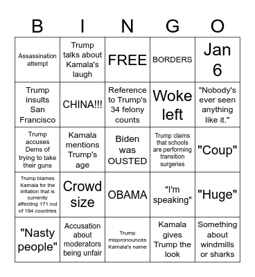 September 10th Kamala Harris vs Donald Trump presidential debate Bingo Card