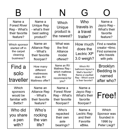 RV Content Creator Networking Bingo Card