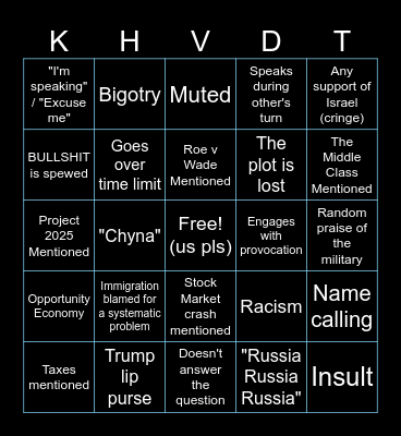 Harris v Trump Debate Bingo 2024 Bingo Card
