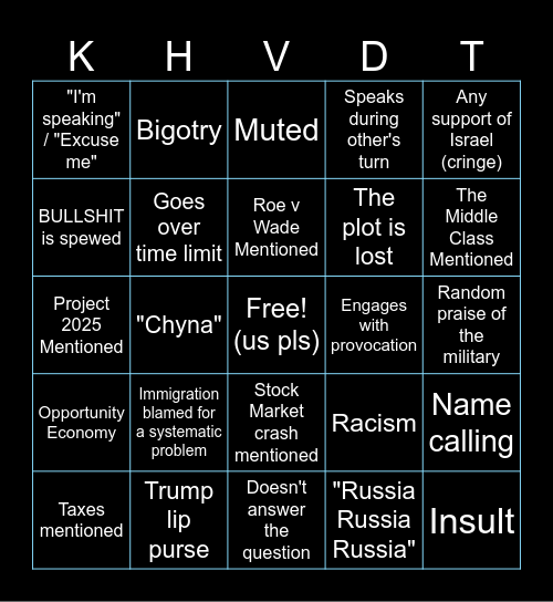Harris v Trump Debate Bingo 2024 Bingo Card