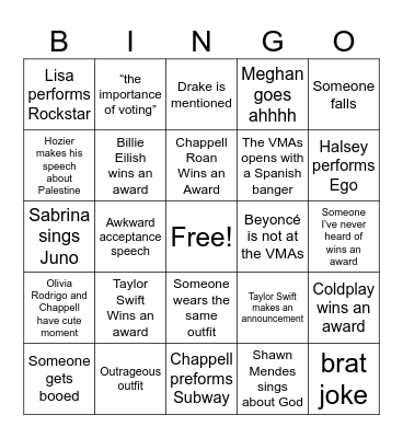 VMAs 2024 Bingo Card