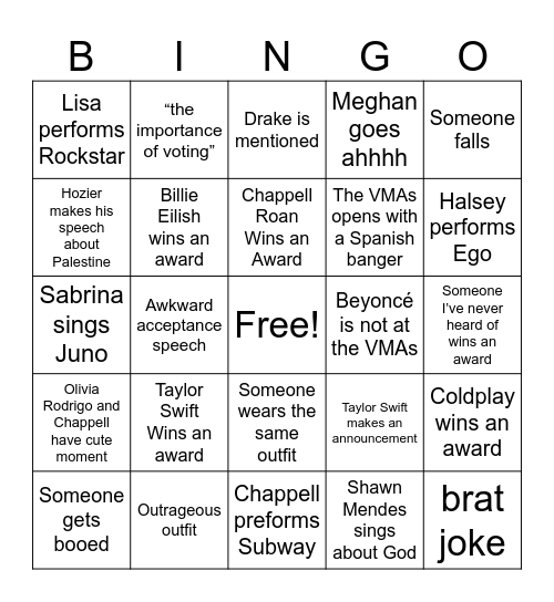 VMAs 2024 Bingo Card