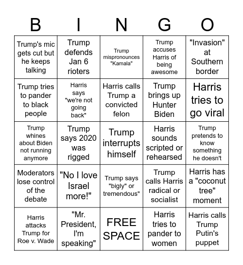 2024 Harris v. Trump Debate Bingo Card