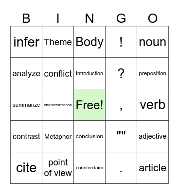 Vocabulary Bingo Card
