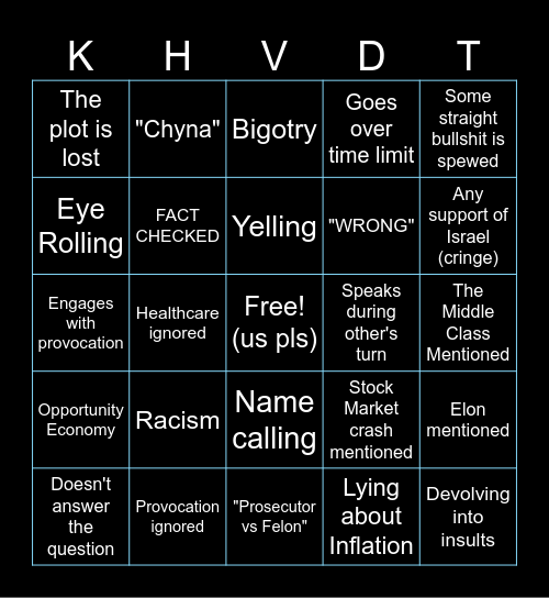 Harris v Trump Debate Bingo 2024 Bingo Card