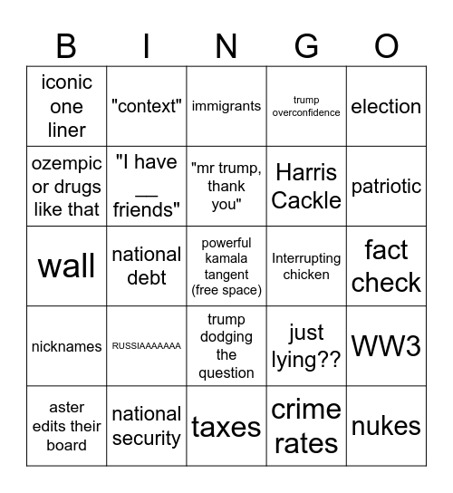 Presidential Debate Bingo Card