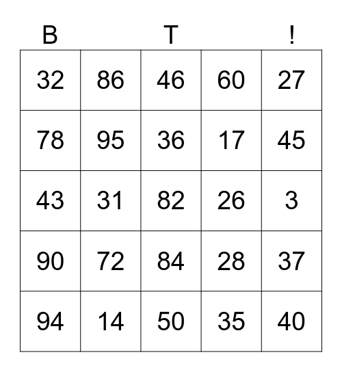 B T ! Bingo Card