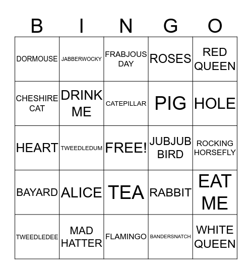 ALICE IN WONDERLAND Bingo Card