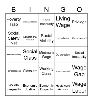 Week 6 Topic: Classism Bingo Card