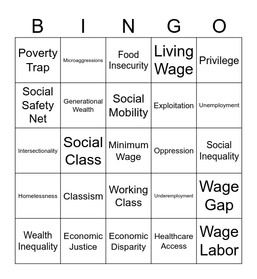 Week 6 Topic: Classism Bingo Card