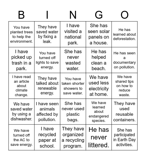 Natural Resources Bingo Card