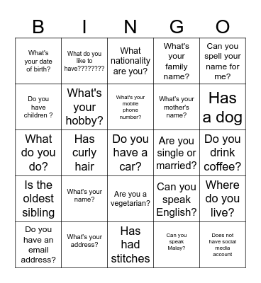 Asking for Personal Information Bingo Card