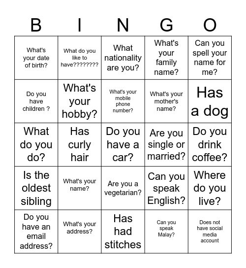 Asking for Personal Information Bingo Card