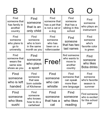 Get to Know Your Classmates Bingo Card