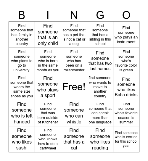 Get to Know Your Classmates Bingo Card