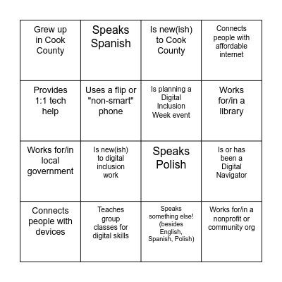 Digital Inclusion: Getting to Know You Bingo Card