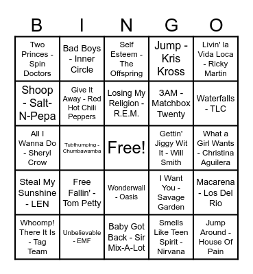 90's Hits! Bingo Card