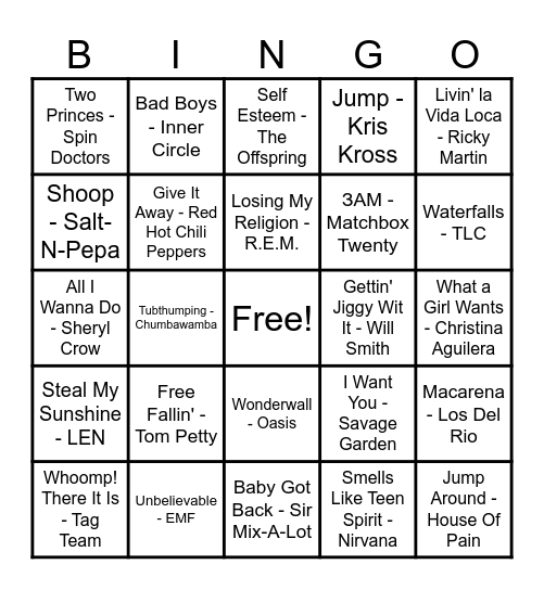 90's Hits! Bingo Card