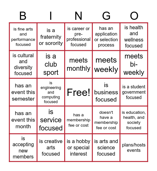 Involvement Bingo Card