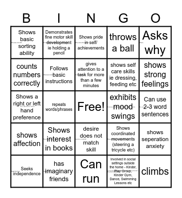EARLY CHILDHOOD DEVELOPMENT (2-6) Bingo Card