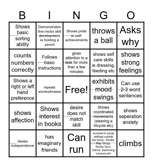 EARLY CHILDHOOD DEVELOPMENT (2-6) Bingo Card