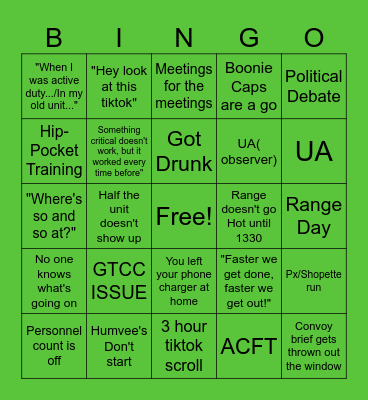 US Army Reserve Drill Bingo Card