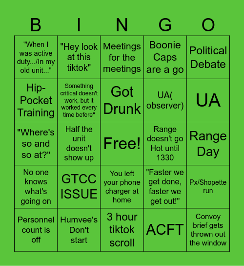 US Army Reserve Drill Bingo Card
