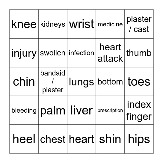 Human Body, Health, First Aid Bingo Card