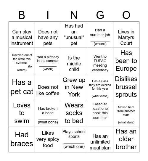 Icebreaker Bingo Card