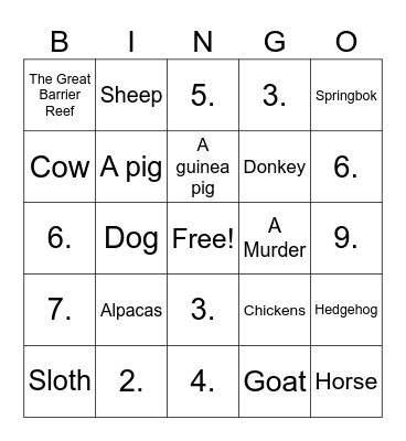 Animal Kingdom Bingo Card