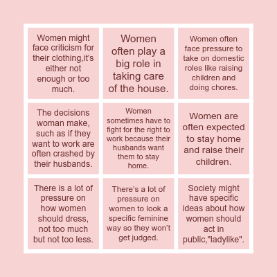 Social pressures that lie on women today Bingo Card