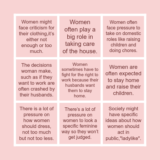 Social pressures that lie on women today Bingo Card