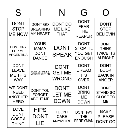 949 DEBBIE DONT WANT TO Bingo Card