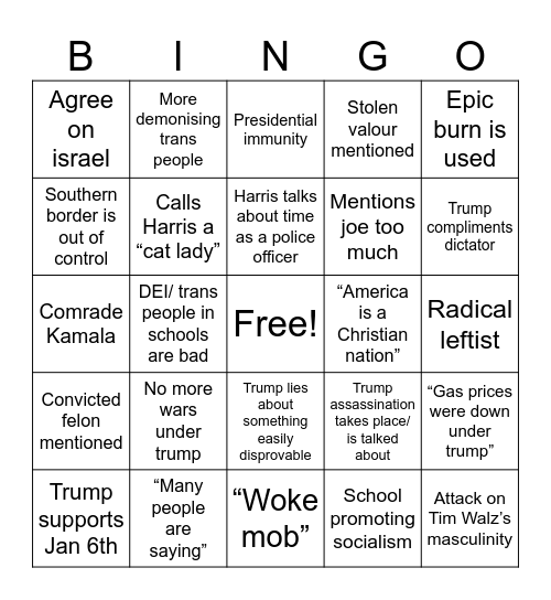 Presidential debate BINGO Card