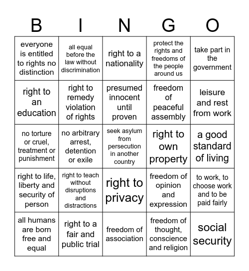 Human Rights Bingo Card