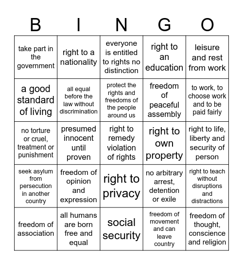 Human Rights Bingo Card