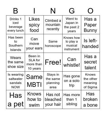 BPD Workplan Ice Breakers! Bingo Card