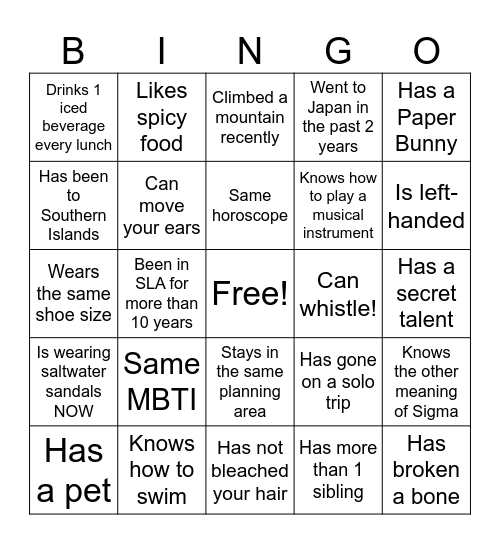 BPD Workplan Ice Breakers! Bingo Card