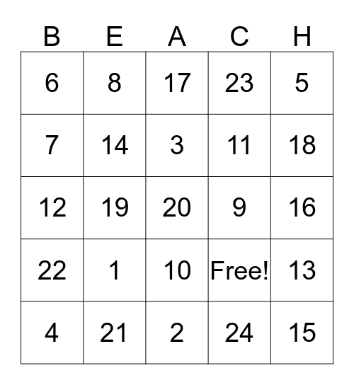 Beach Bingo Card