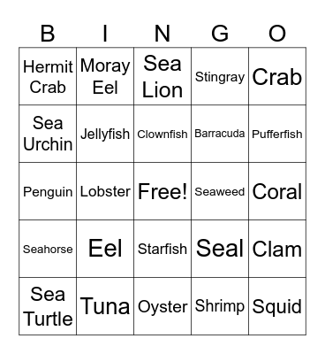 Sea Animal Bingo Card