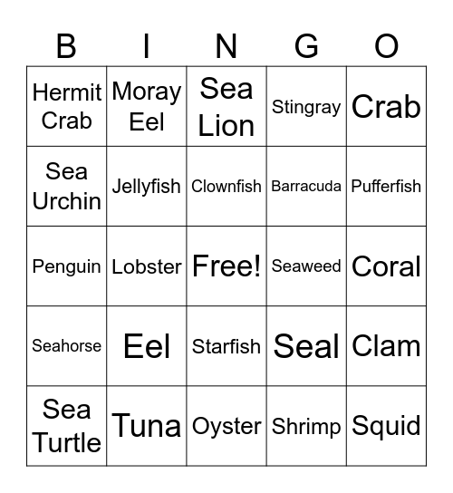 Sea Animal Bingo Card