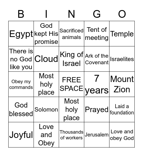 Solomon Built the Temple Bingo Card