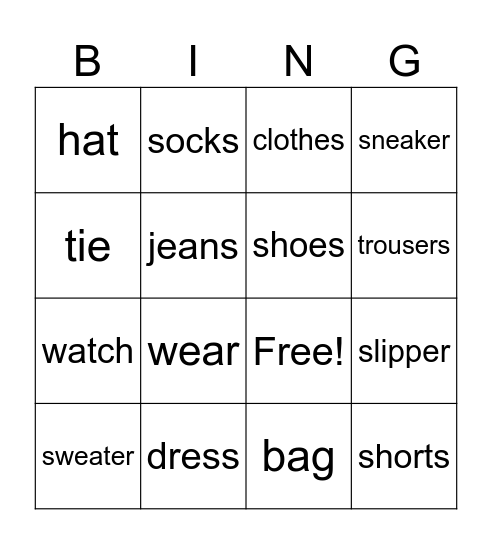 Clothes Bingo Card