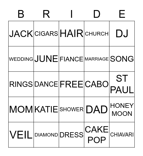 BRIDE Bingo Card